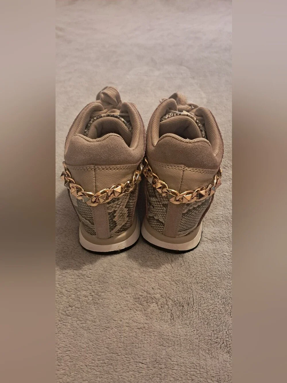 Guess Beige/Gold Animal Print Chain Lace-Up Wedge Sneakers